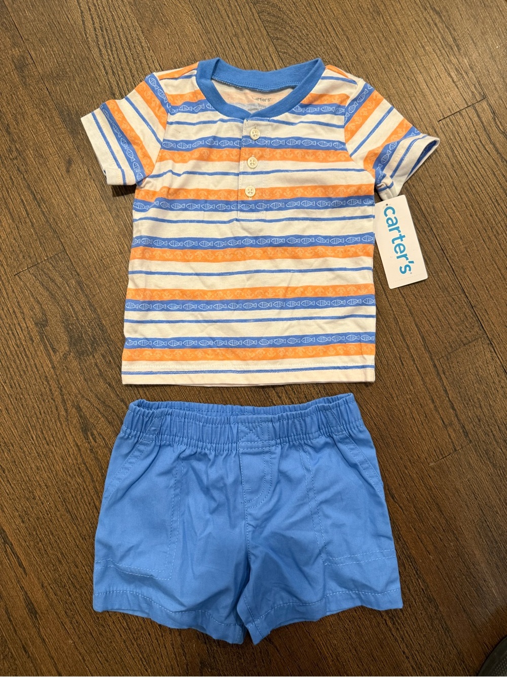 Carter's Blue, Orange & White Striped Tee with Solid Blue Shorts